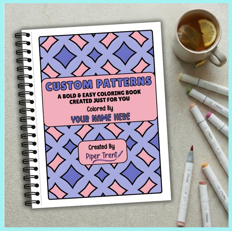 personalized custom coloring book titled Custom Patterns, shown with tea and markers