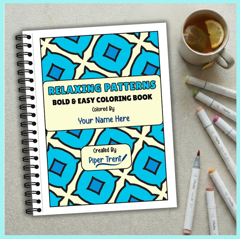 A personalized coloring book, Relaxing Patterns, with abstract designs with tea and markers