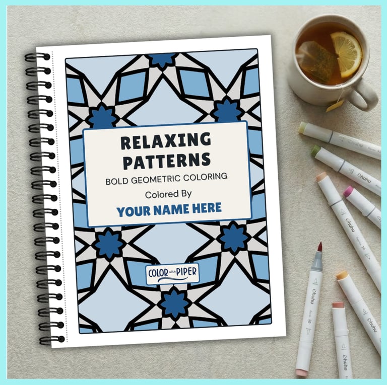 wirebound coloring book with geometric patterns entitled RELAXING PATTERNS