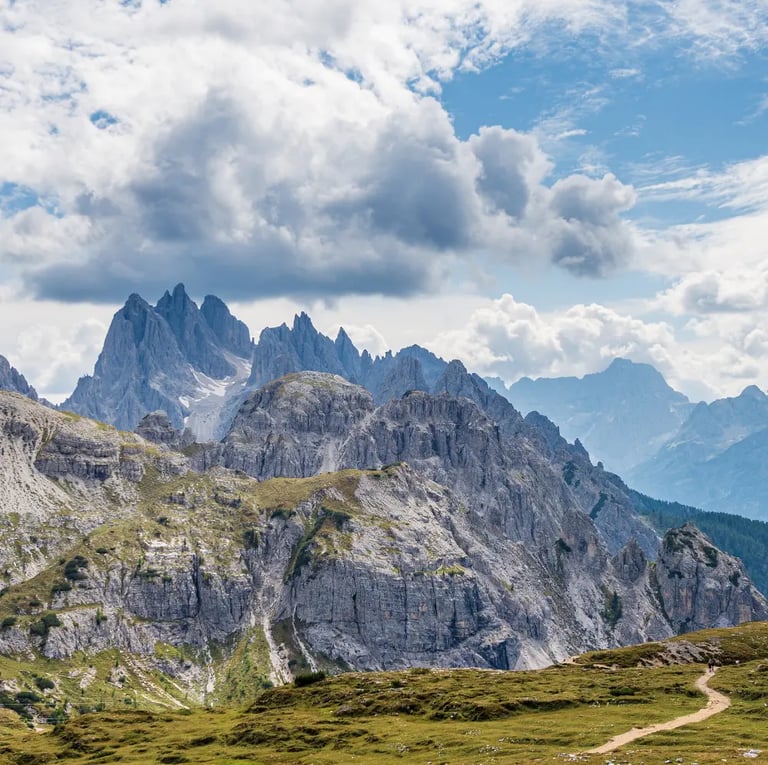 Panoramic view of Cadini di Misurina from Forcella Misurina on the Sentiero Bonacossa trail.