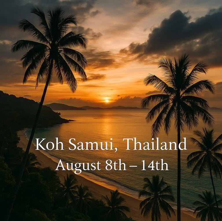 Koh Samui Thailand at sunset with palm trees and shimmering waters
