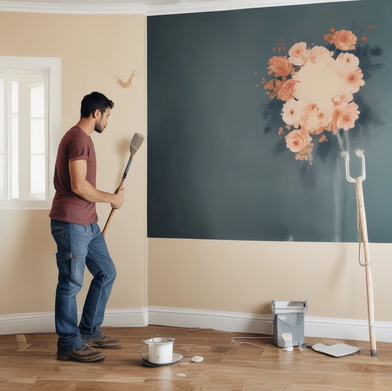 a man is painting a large painting on a wall