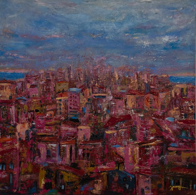 Acrylic on canvas painting with shades of pink buildings by artist Jessy Tabet
