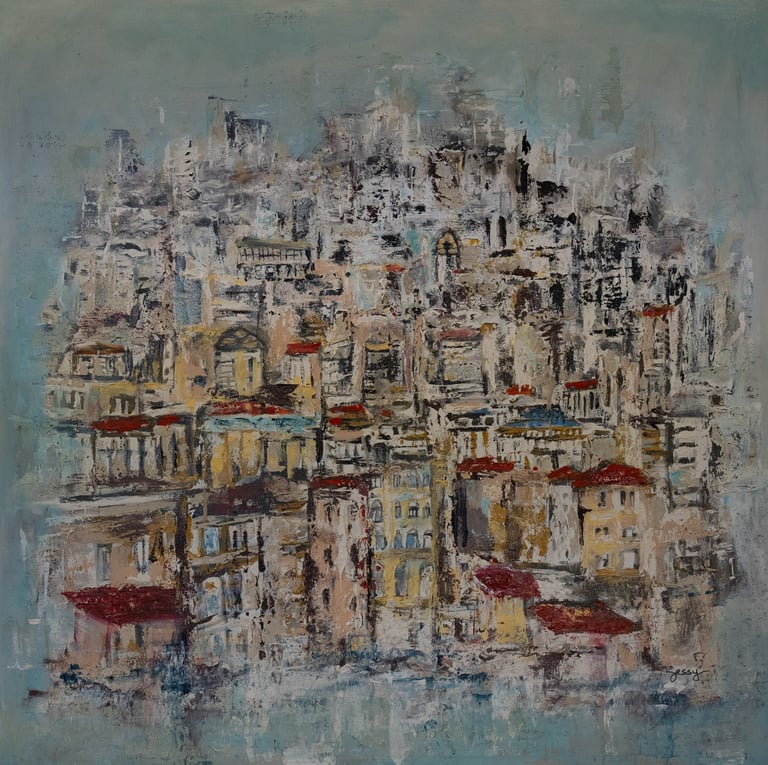 Acrylic on canvas painting of village in Lebanon by artist Jessy Tabet
