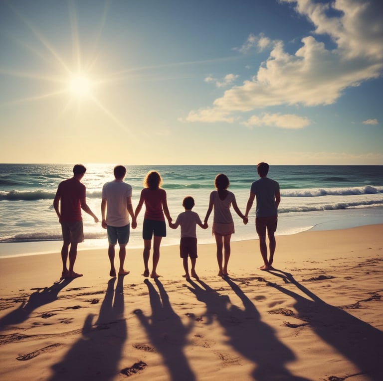a family of four holding hands and walking on the beach