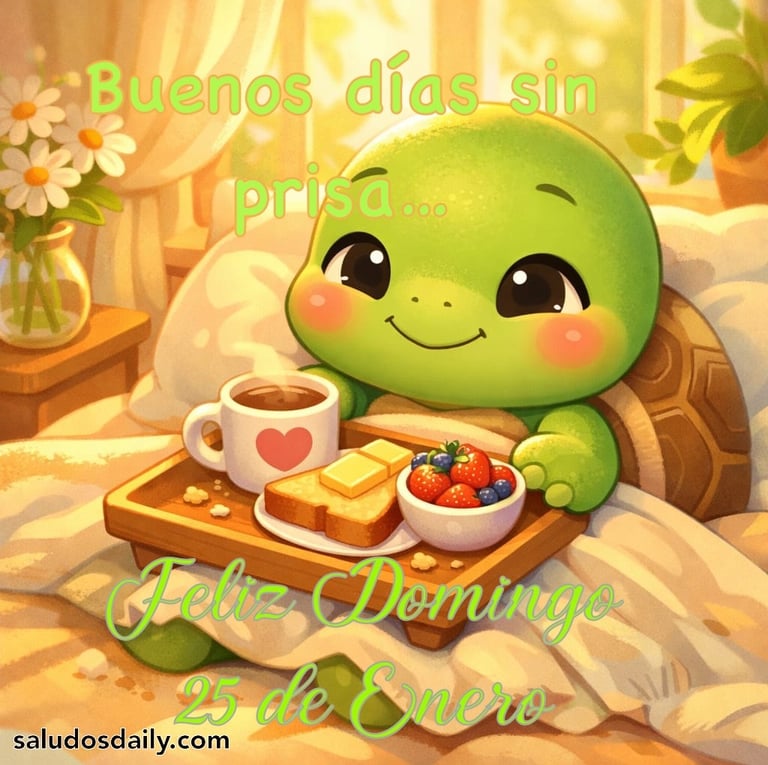buenos días sin prisa feliz domingo 23 de enero tortuga descansando y desayunando en su cama