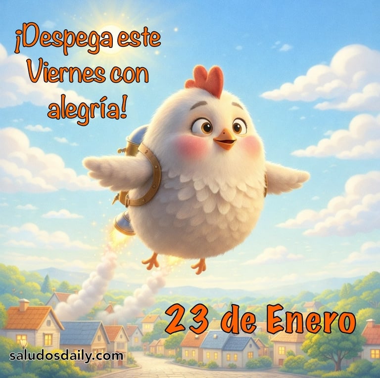 gallina con jetpack despegando deseando viernes con alegría 23 de enero