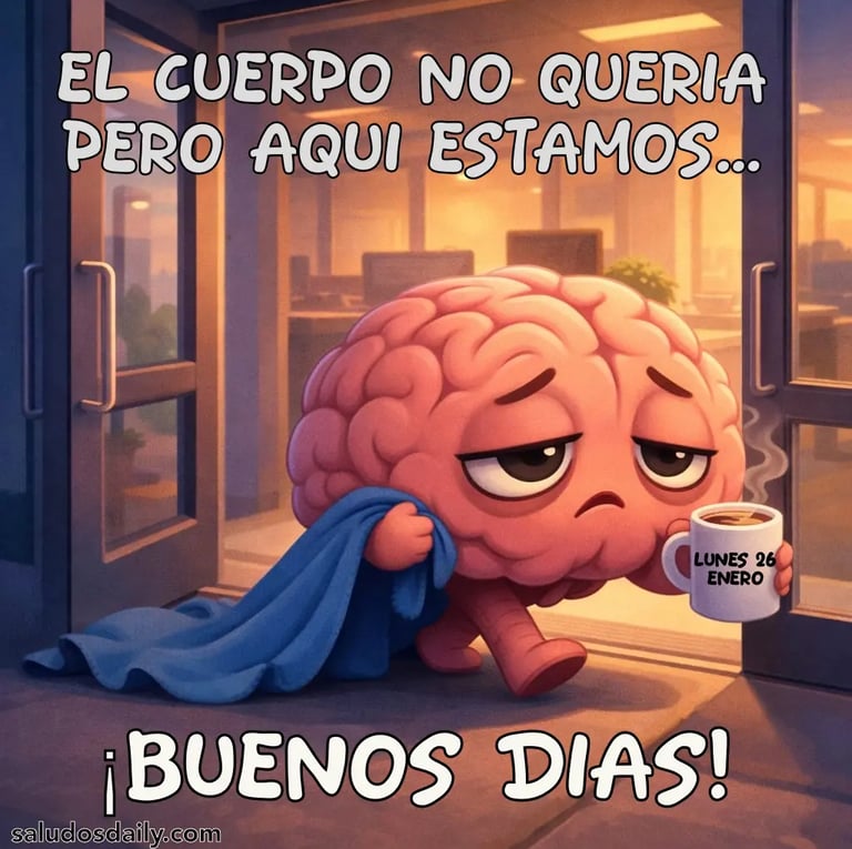 cerebro tomando café llegando a la oficina diciendo que no quería llegar pero ahí está, buenos días