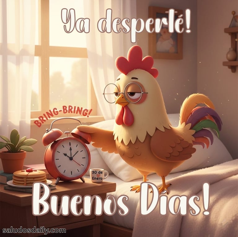 gallo presionando un despertador clásico al amanecer, con expresión somnolienta y luz suave