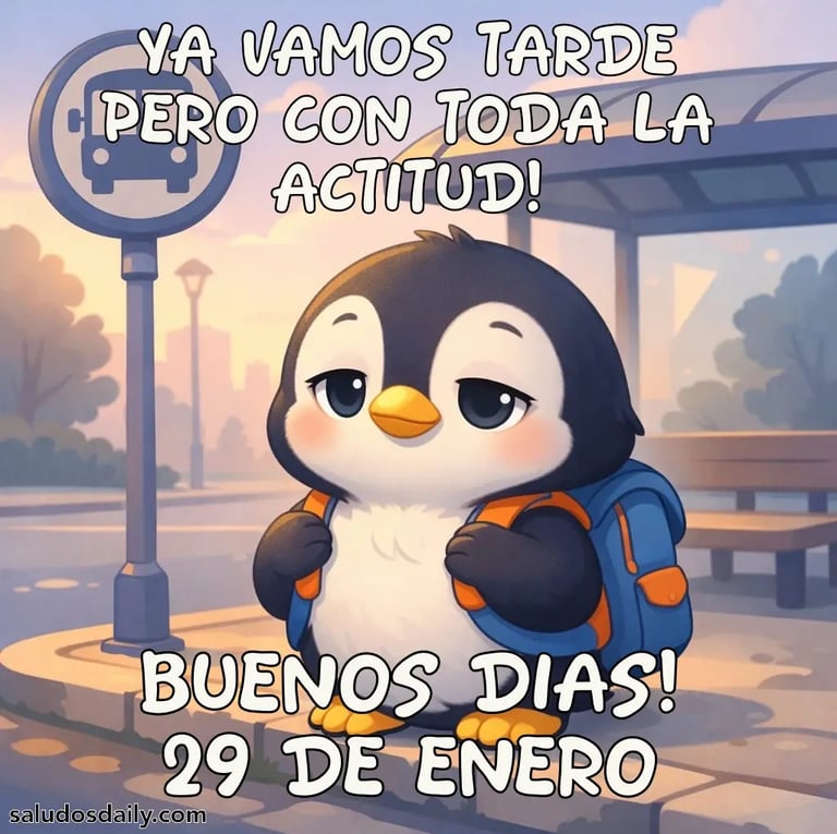 Pingüino con mochila esperando tranquilamente el autobús en una parada