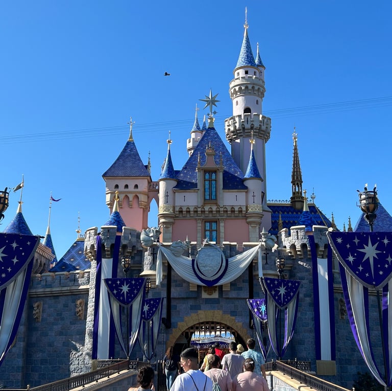 Sleeping Beauty Castle at Disneyland Park is decked out in purple and silver banners.