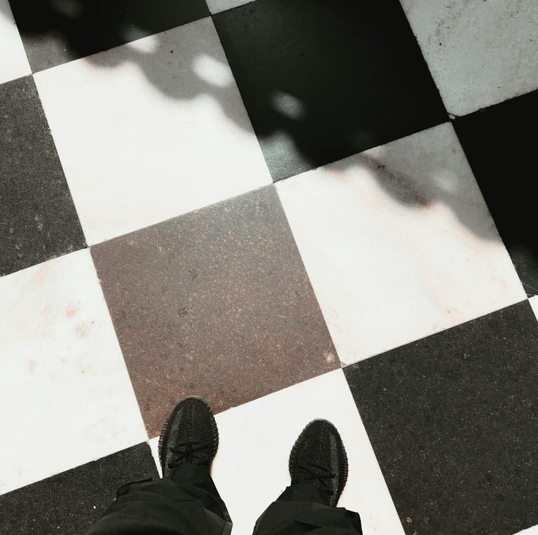 tile floor in chessboard style black and white