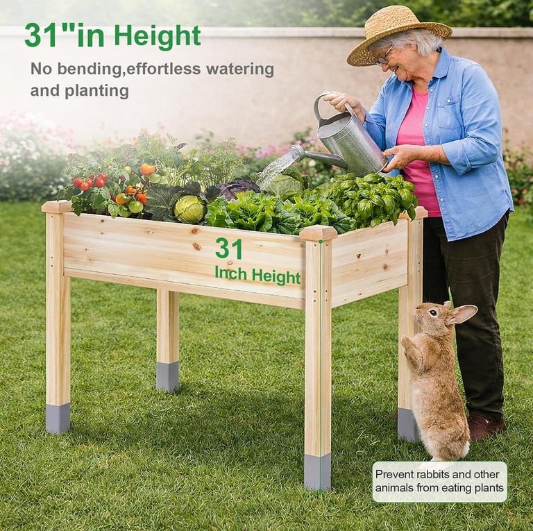 A woman watering vegetables in a 31-inch tall elevated wooden garden bed to prevent pests.