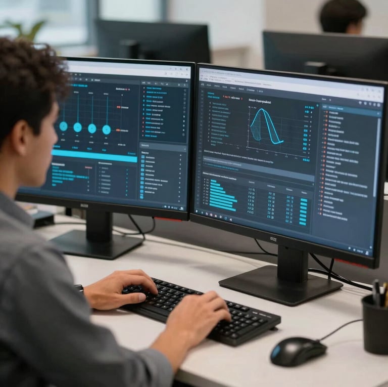 Medium shot of a professional at a desk with two monitors in a North American office, focusing on a complex interface with blue and grey data visualizations.