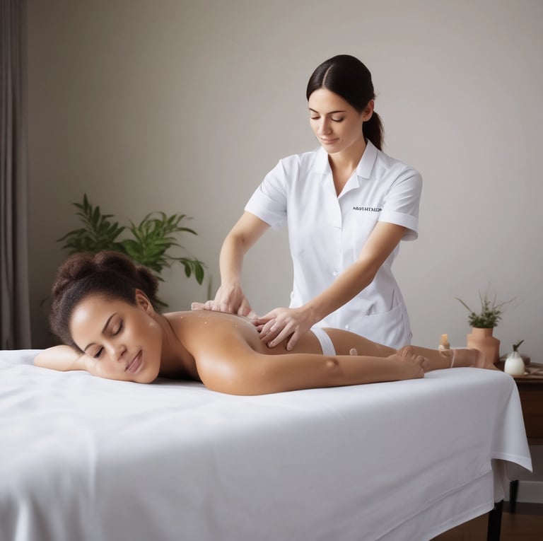 A serene and well-lit massage therapy room features a massage table adorned with scattered rose petals. The room has soft green walls with a floral accent wall in the back. A hanging white robe and a modern chair are present, along with a glass shower enclosure. The ceiling has recessed lighting, contributing to a calming atmosphere.