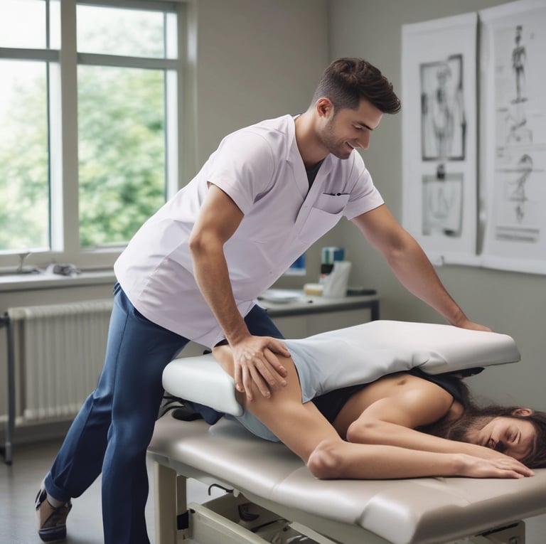 A small massage parlor with a bright red facade is located along a street. It features a prominent blue and white sign with the word 'MASSAGE' above the entrance. There is a large red vertical banner with the same word on the sidewalk. Several potted plants and decorations are placed near the door.