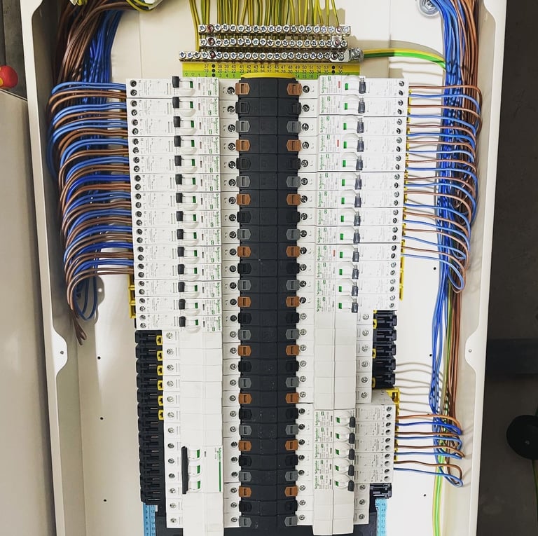 a large three phase electrical consumer unit, fuse board panel.