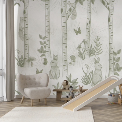 Kids Bedroom with a Woodland Creatures inside a Forest Wallpaper 