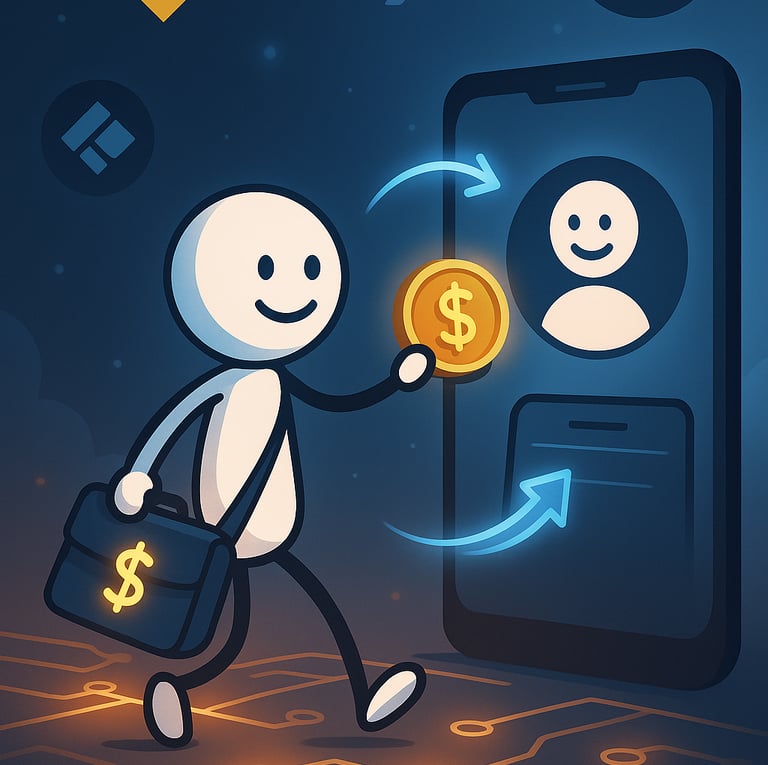 A modern digital illustration of a smiling stick-figure character handing a glowing dollar coin to a