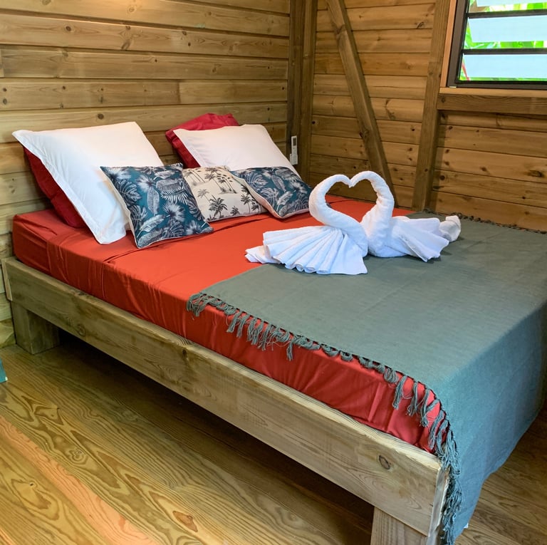 Une chambre avec des beaux coussins et deux cygnes en serviettes de toilettes