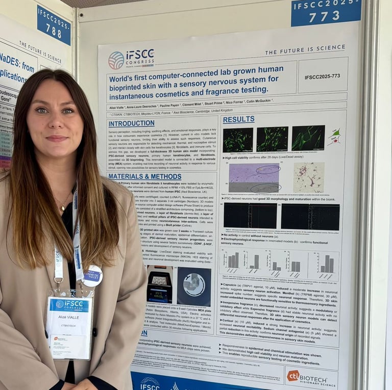 A researcher presents a scientific poster on bioprinted skin with a sensory nervous system at IFSCC Congress.