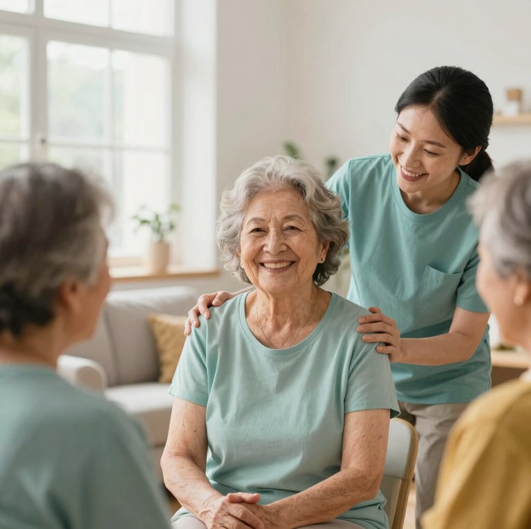 Active senior woman smiling warmly while engaging in a gentle group activity with a compassionate caregiver, sunlit common area, authentic expressions.