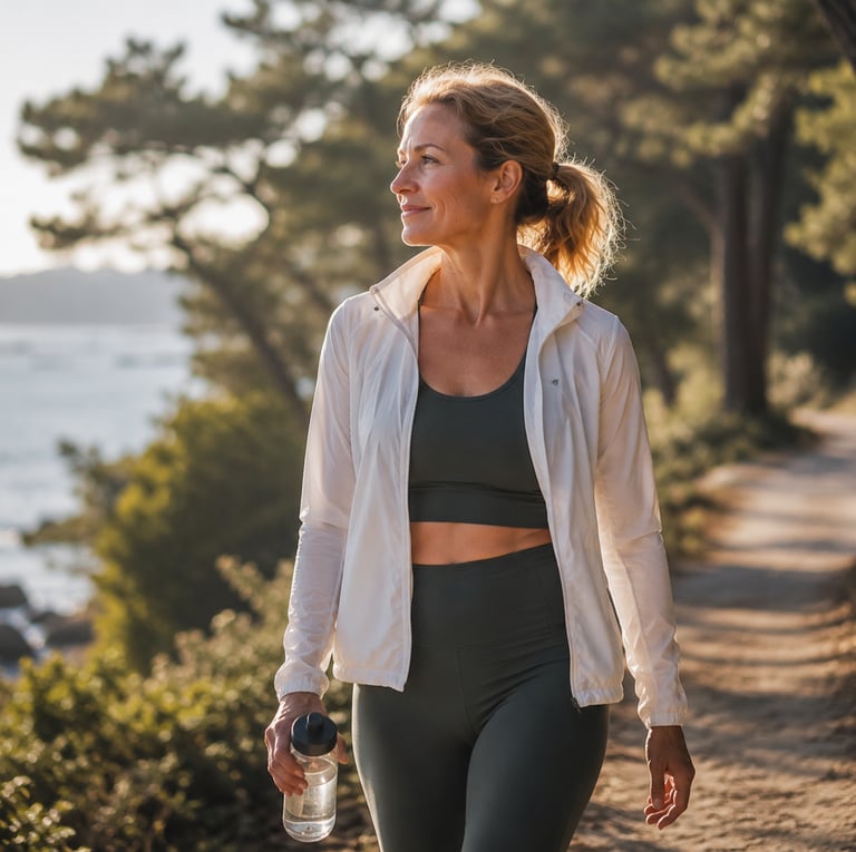 Femme marchant activement sur un sentier du Golfe du Morbihan avec bouteille d’eau en mode récupération de l'effort