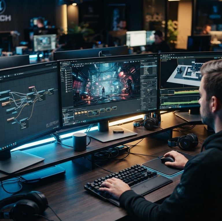 A sleek digital game development environment, close-up of high-end gaming interface on multiple monitors, neon blue and gold ambient lighting, 35mm photography