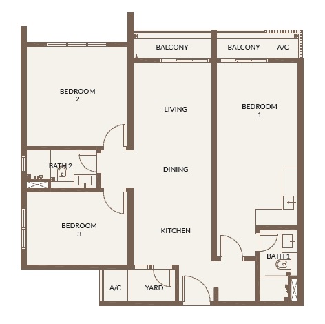 Bukit Chagar Living Type D dual key layout – 3 bedrooms, 2 bathrooms, 1 balcony
