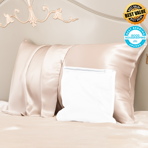 Promeed 23mm mulberry silk pillowcase with zipper and laundry bag, OEKO-TEX certified.