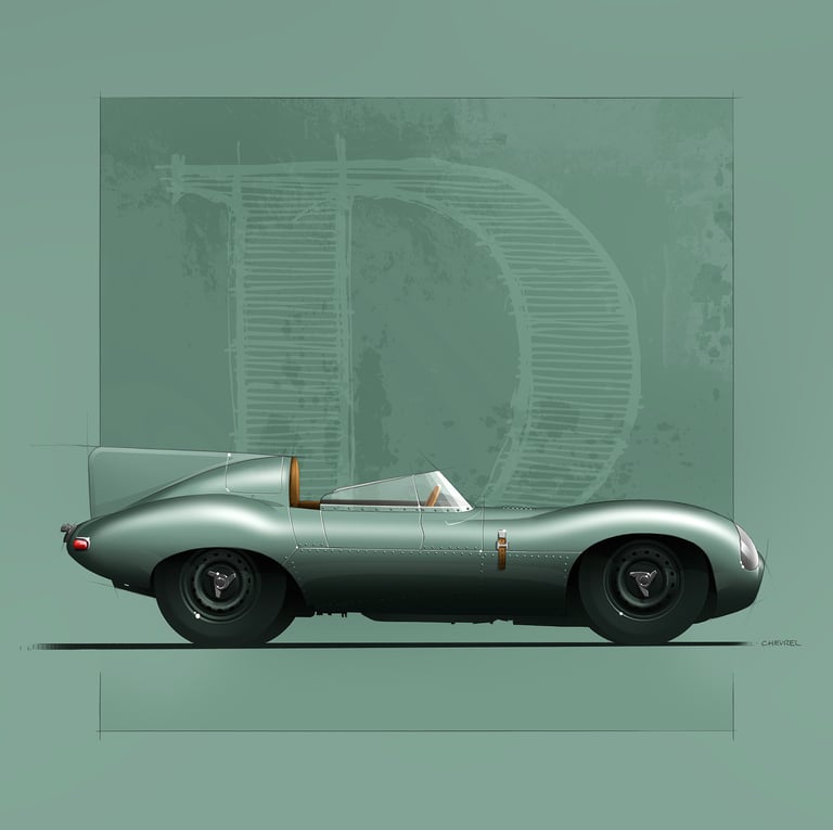 Jaguar type-D - Jaguar D-type profil - dessin - drawing - illustration