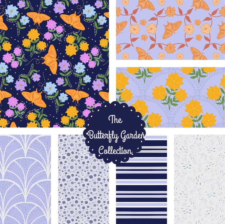 The Butterfly Garden Collection by Designs by KLM features 7 patterns. The hero pattern consists of bright orange butterflies