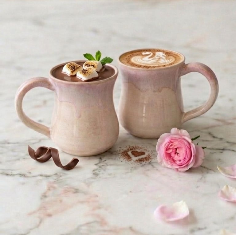 Shakura collection ceramic mugs by Clay Fairy Ceramics. Hand-thrown pink and cream stoneware.