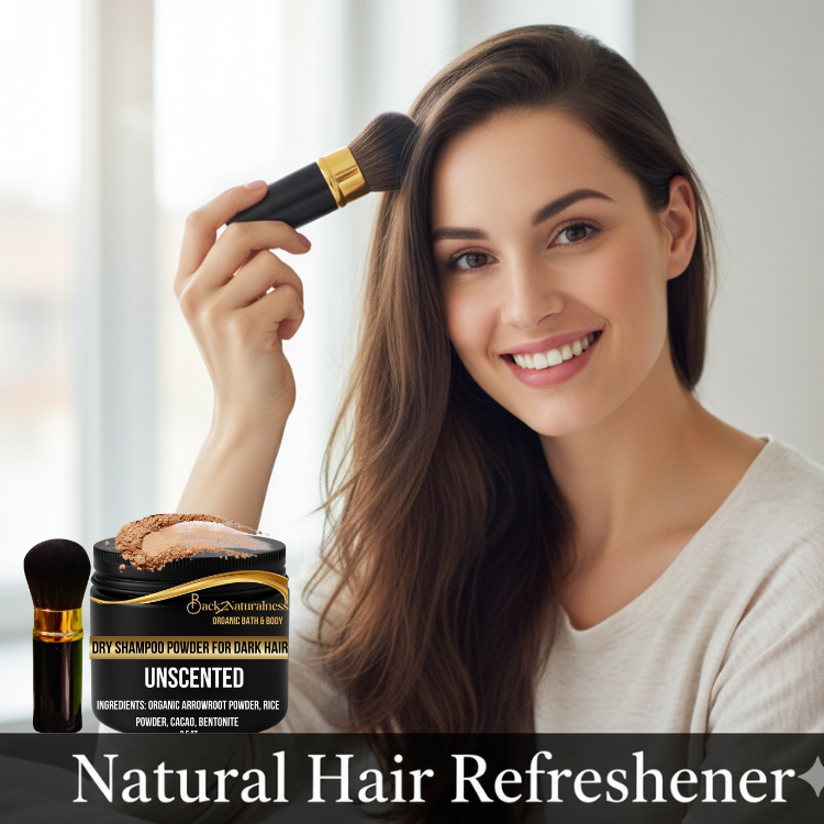 a lady apply Back2naturalness dry shampoo  powder to hair 