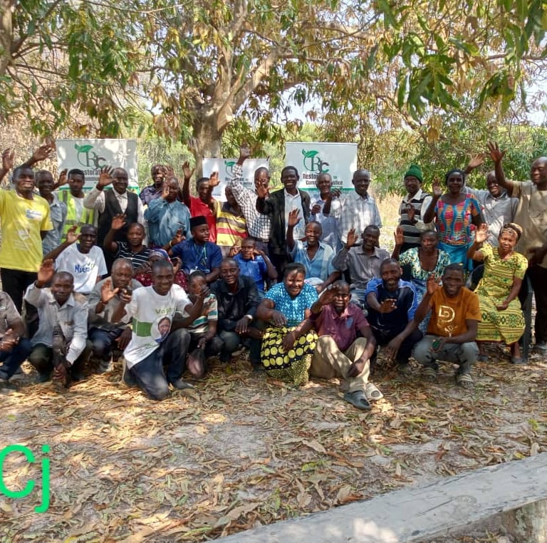 a group of people standing around a tree