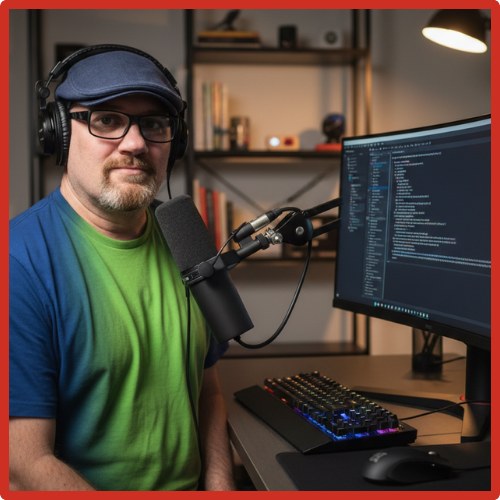 A male  podcast with a professional microphone, headphones, and code on screen.