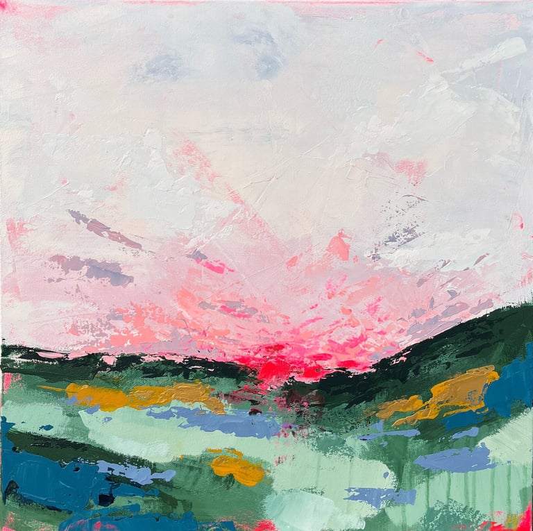 Kate Young abstract painting, size 20x20, pink and green and blue, Guelph artist