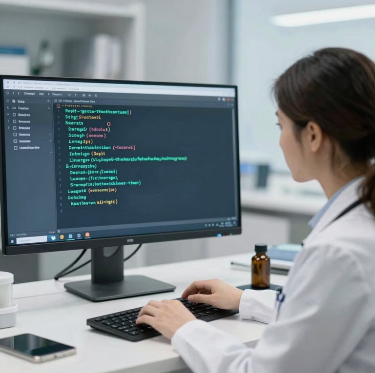 abstract animation of clinical data flows and molecular structures in muted teal and deep navy tones with subtle waveform lines.