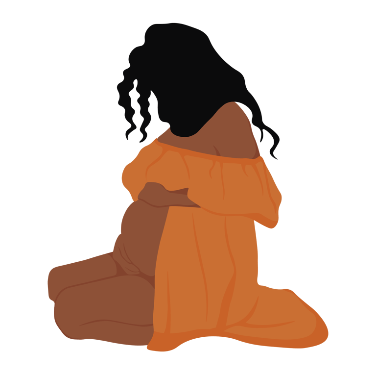 Minimalist illustration of a pregnant Black woman sitting in an orange dress.