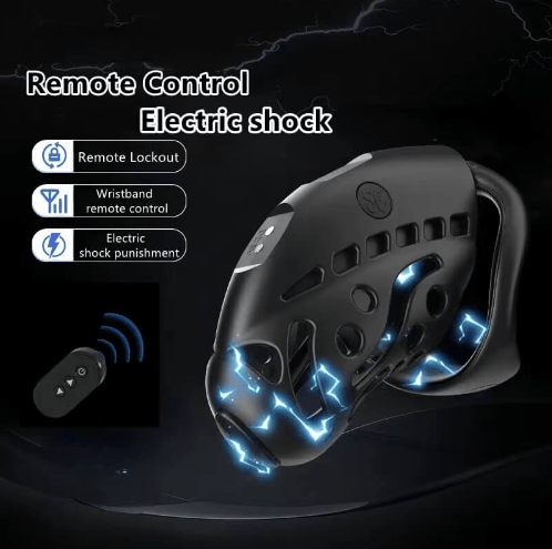 a pictue of a black chastity cage with electric current through it and a remote on the side