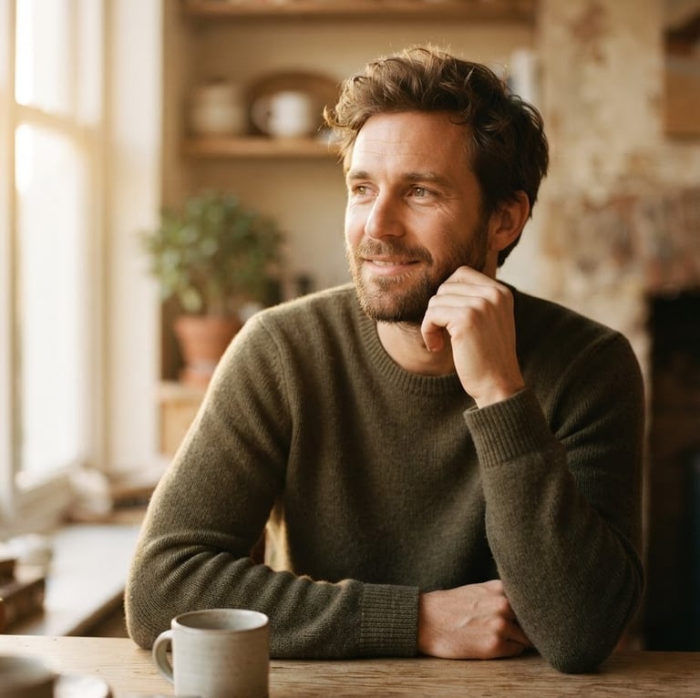 Close-up portrait of Leo, a warm and relaxed man in his late 30s, sitting in a sunlit room with earthy tones, looking thoughtfully off-camera, shallow depth of field, warm golden-hour light