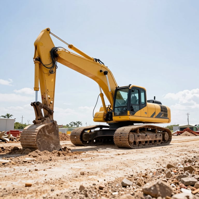 Low angle shot of a company-owned excavator moving earth on a Florida job site, bright harsh daylight, high contrast.