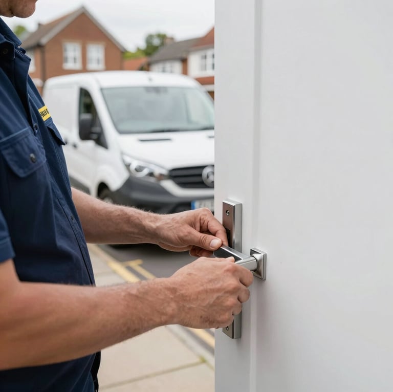 Professional locksmith in branded uniform, hands working on a modern door lock, service van visible in the background on a typical UK residential street, natural daylight.