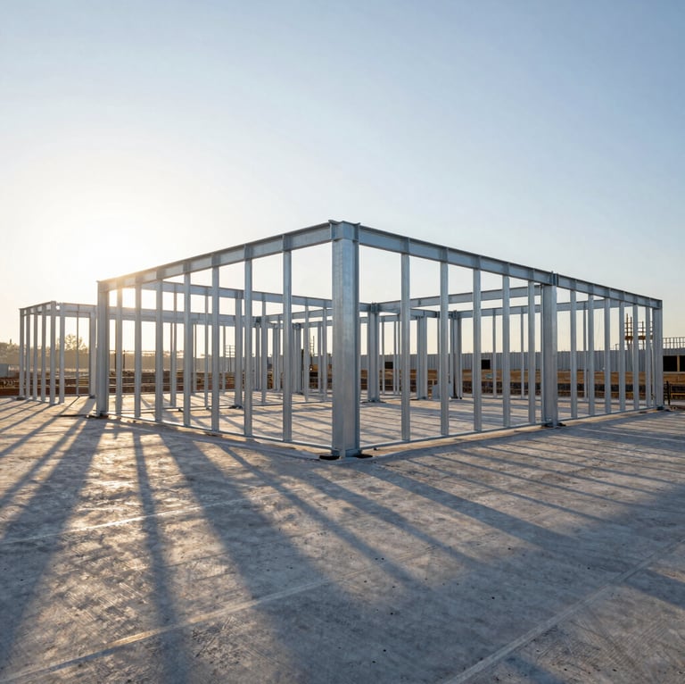 Wide-angle view of a meticulously organized construction site at golden hour, exposed structural steel framing, low sun casting sharp shadows, no people visible, clean lines, high-contrast industrial tones.