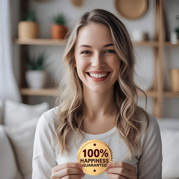 100% Happiness Guarantee Sticker being held by a woman.