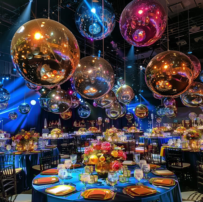 hanging mirror balls colourful decor setup
