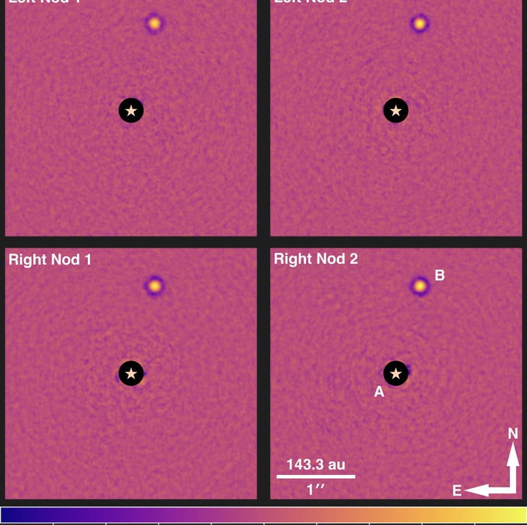 4-panel figure showing a directly imaged brown dwarf companion as observed by the Large Binocular Telescope.