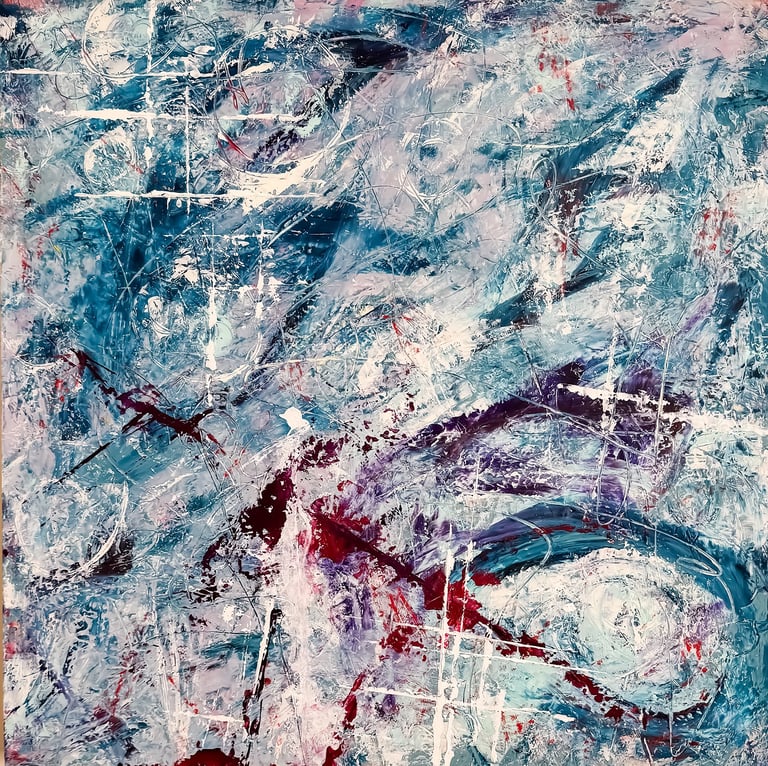Abstract expressionist painting with blue, white, and burgundy textured palette knife strokes.