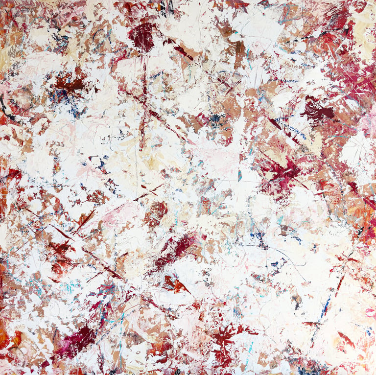 Abstract expressionist painting with red, burgundy, and tan textured palette knife strokes on a white canvas.