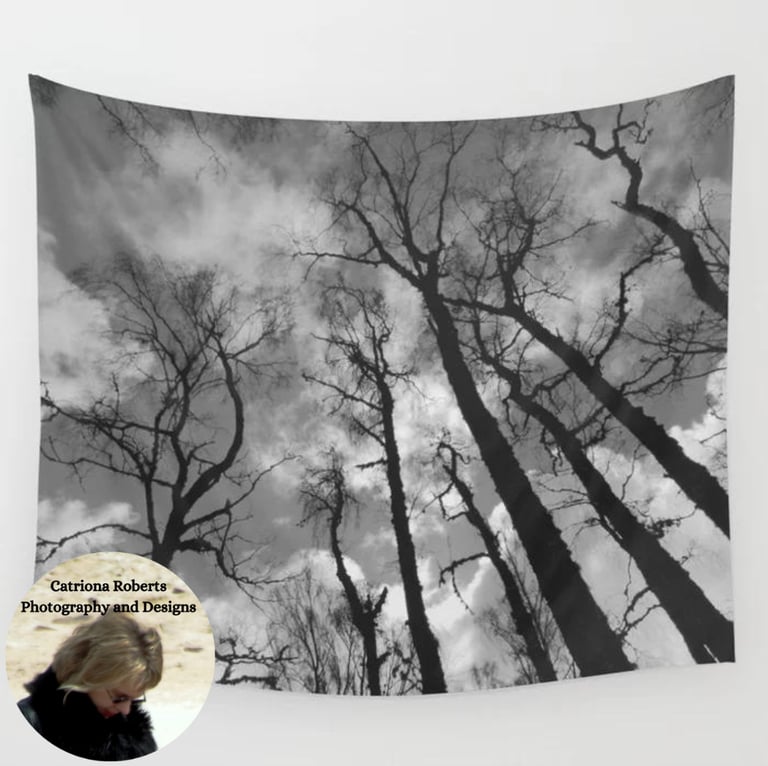 Digital image of 'Birch Trees Perspective Scottish Highlands Style in Black and White' Wall Tapestry